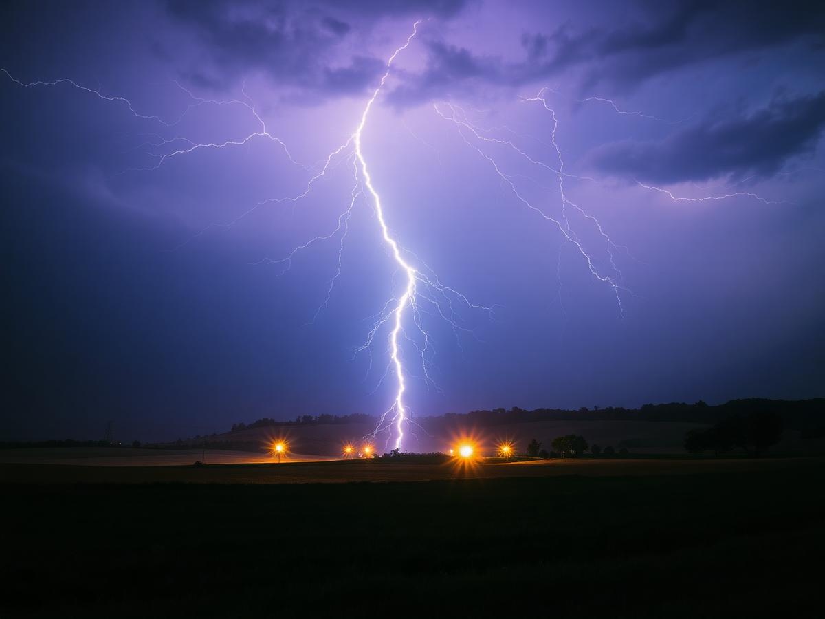 Cloud-to-ground strike over open countryside