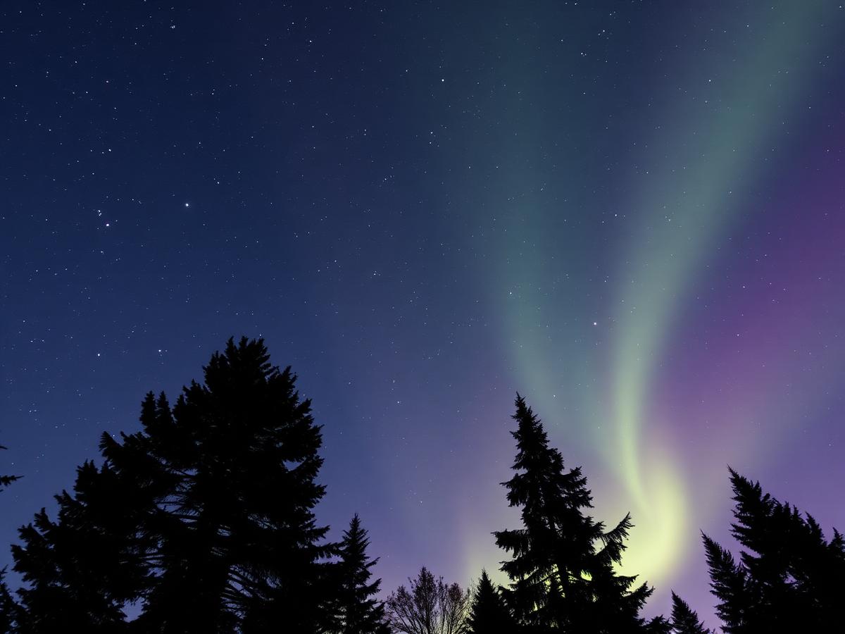 Faint aurora over silhouetted pines