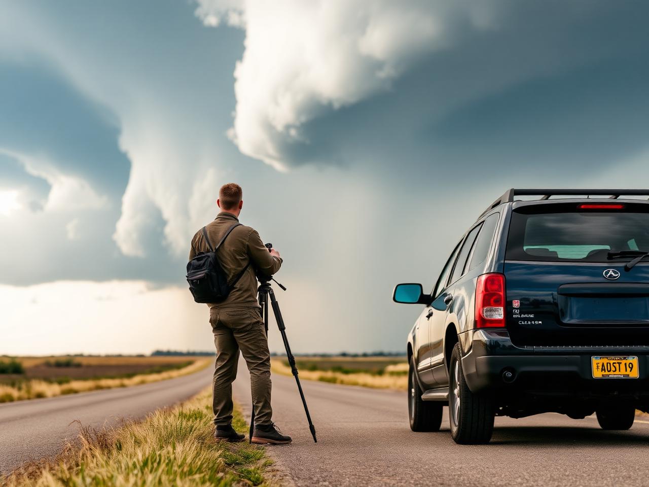 Storm chaser observing a supercell from a rural road with camera and tripod